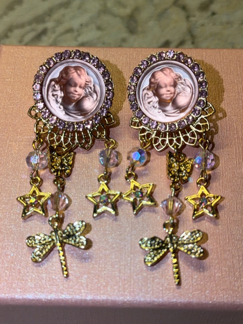 Kirks Folly Gold-Tone Pink Cameo Dragonfly & Star Dangle Earrings for Kids
